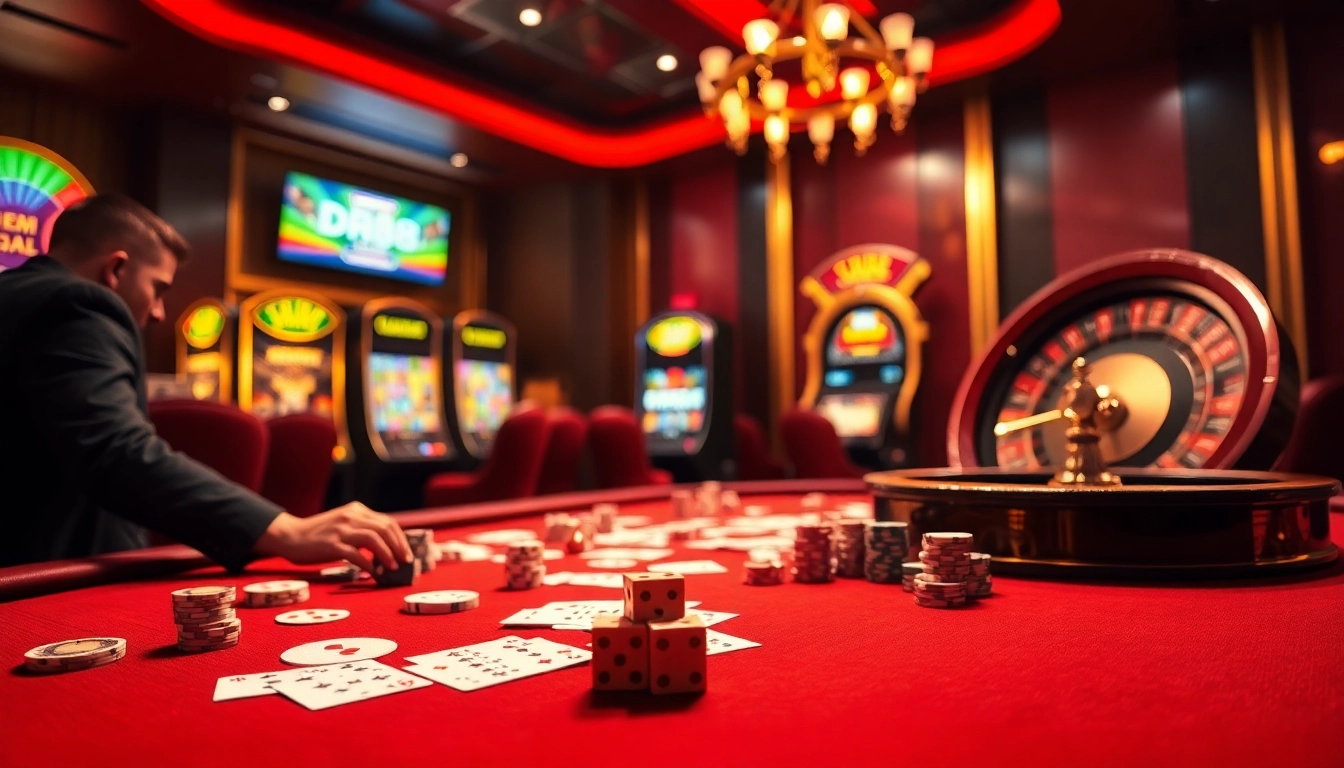 Experience the thrill of DR88 casino with vibrant tables, chips, and slot machines in action.