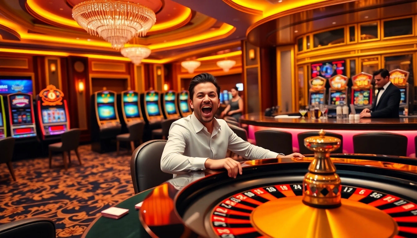Engaging with SV66 at a lavish casino scene, showcasing vibrant tables and lively players.