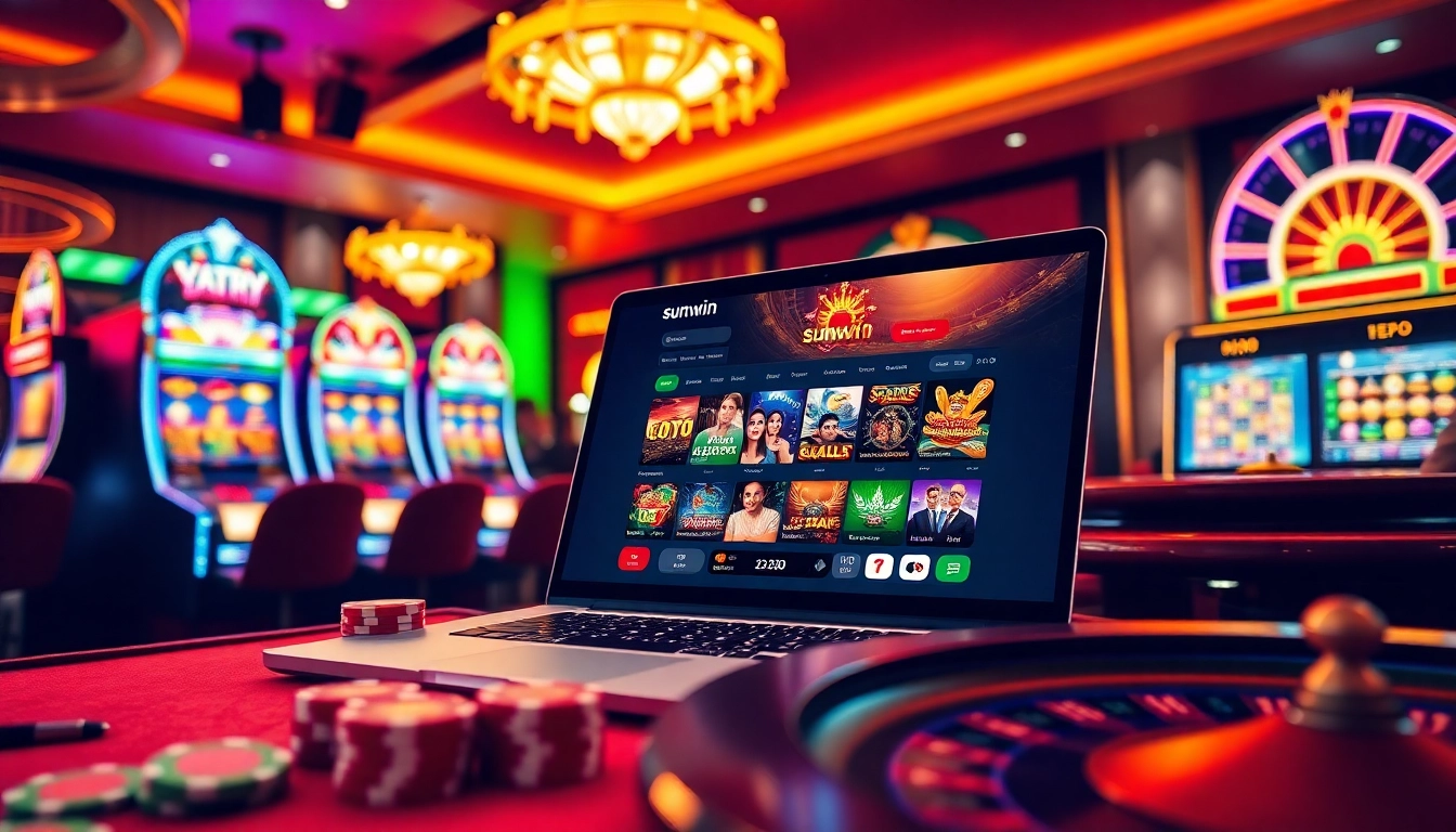 Players enjoying diverse casino games at sunwin with vibrant slot machines and roulette wheel.