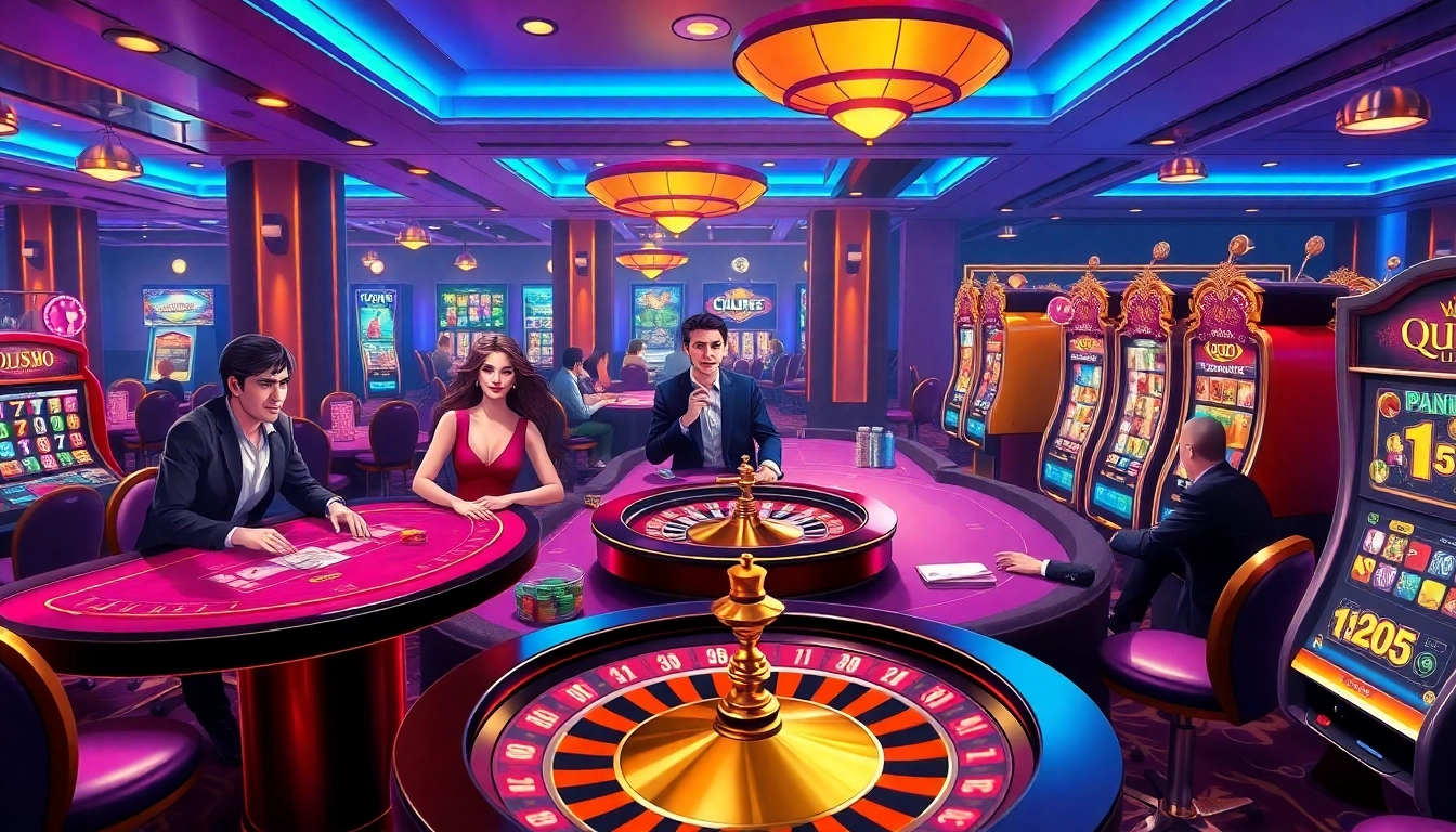 Exciting casino action with QQ88 logo featured prominently on poker tables and slot machines.