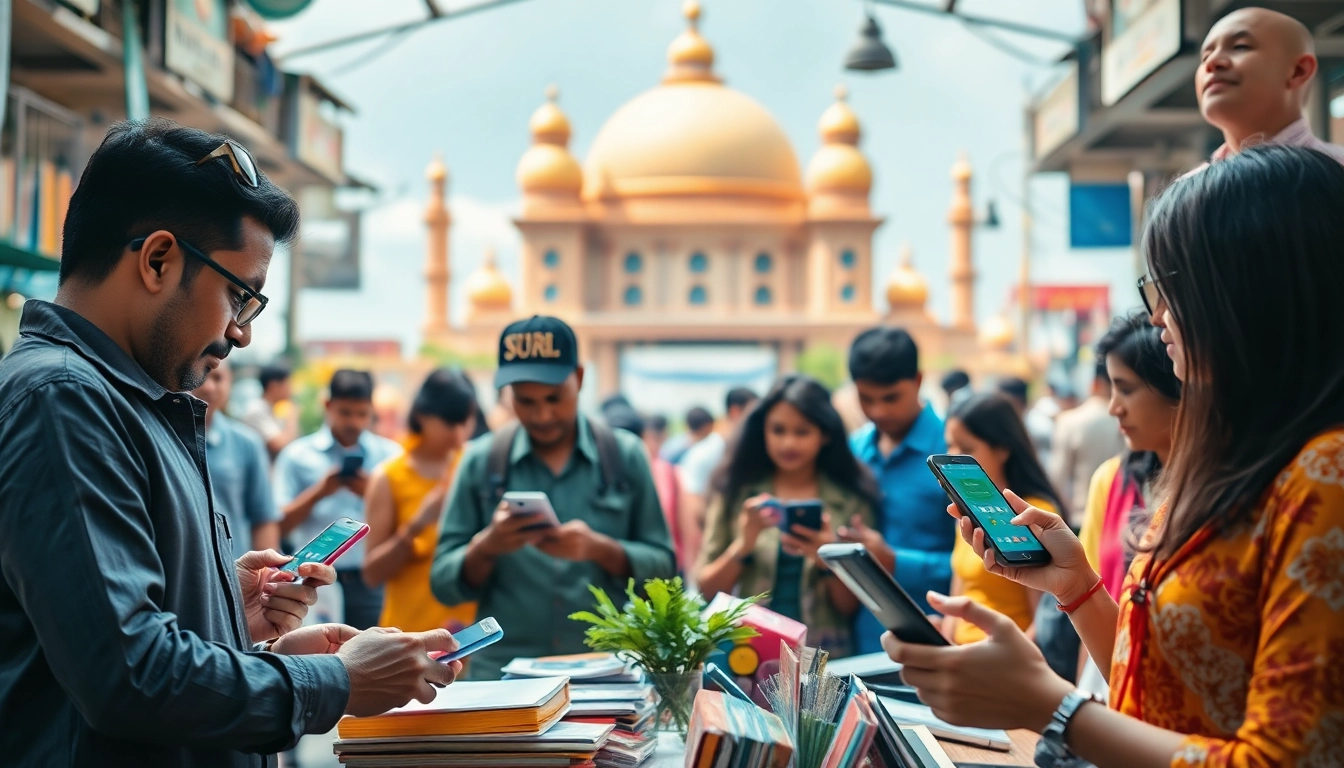 Lanka Ads showcasing a vibrant digital marketplace scene with individuals engaging online for classified ads, reflecting Sri Lanka's culture.