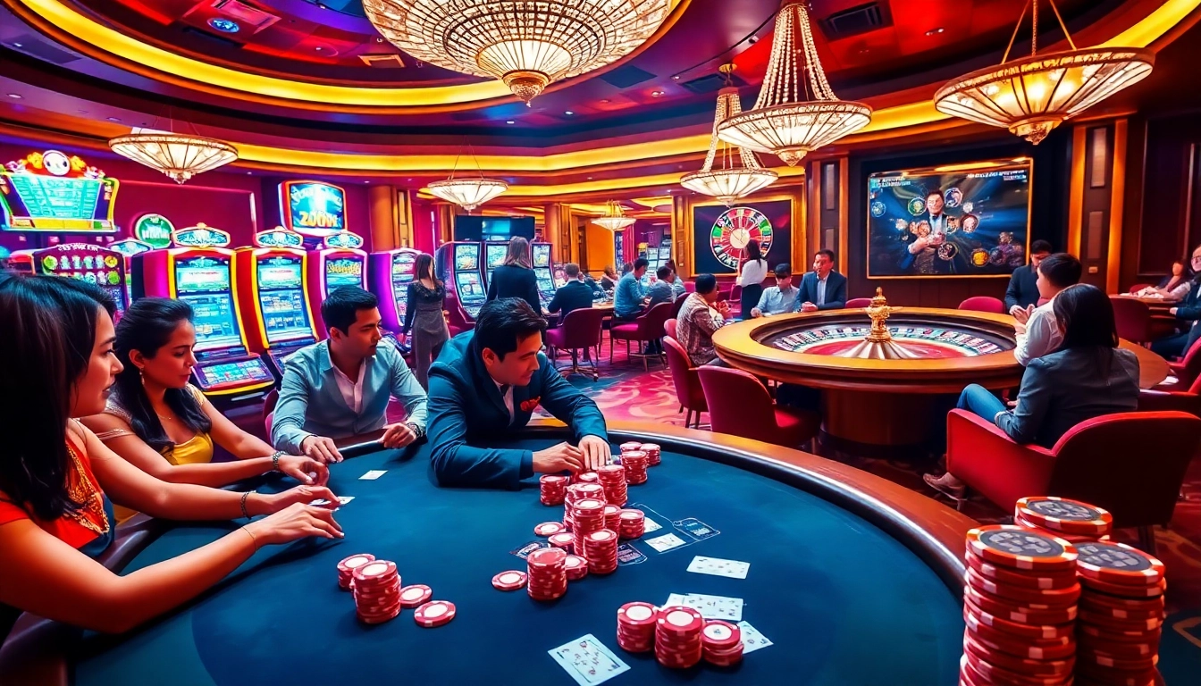 Experience the thrill of gambling at https://rr88c.mobi/ with a vibrant casino scene featuring poker tables and slot machines.