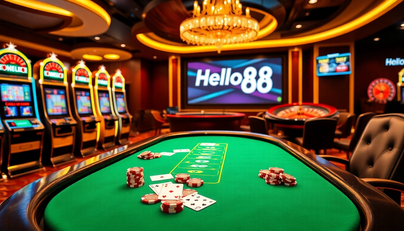 Hello88 casino action with players engaging at a blackjack table filled with vibrant chips.