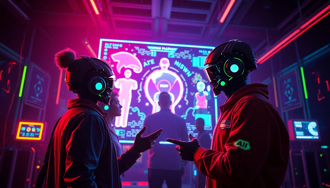 Engaging scene of futuristic character AI NSFW interaction in a vibrant digital landscape