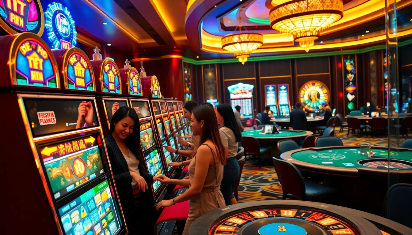 Players enjoying nổ hũ slot machines in a vibrant casino atmosphere.