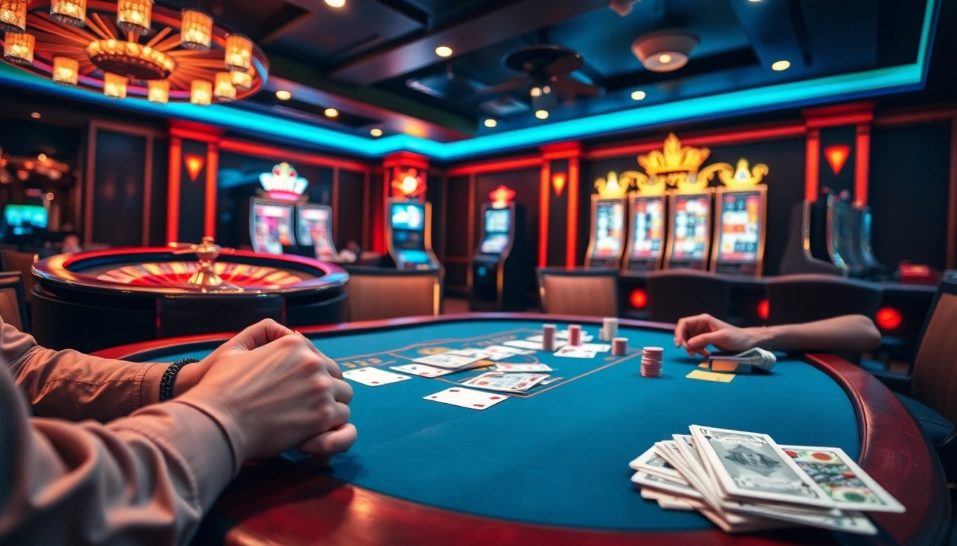 EM777 players strategizing at a vibrant poker table in a luxurious casino.