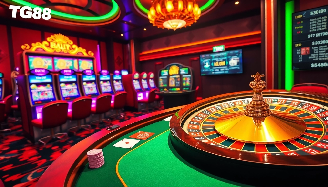 Experience the thrill of winning at TG88's modern online casino, featuring vibrant slot machines and exciting poker tables.