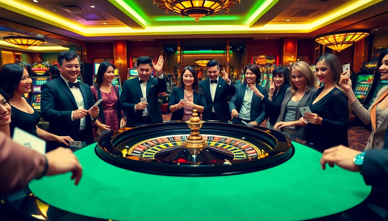 Experience the thrill of gambling at hello88 with lively players at a roulette table.