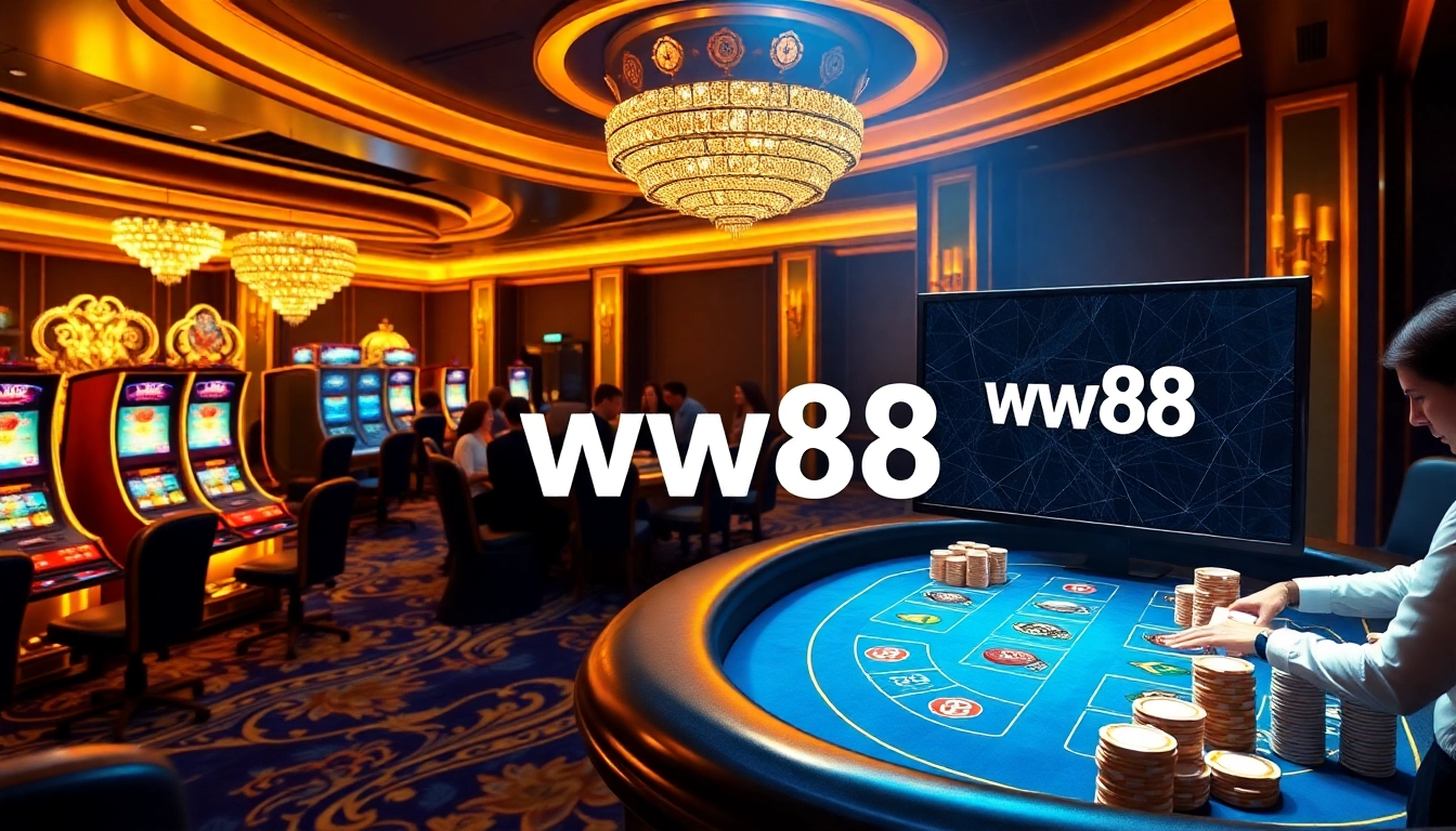 Engaging casino scene showcasing the excitement of ww88 with elegant tables, slots, and players.