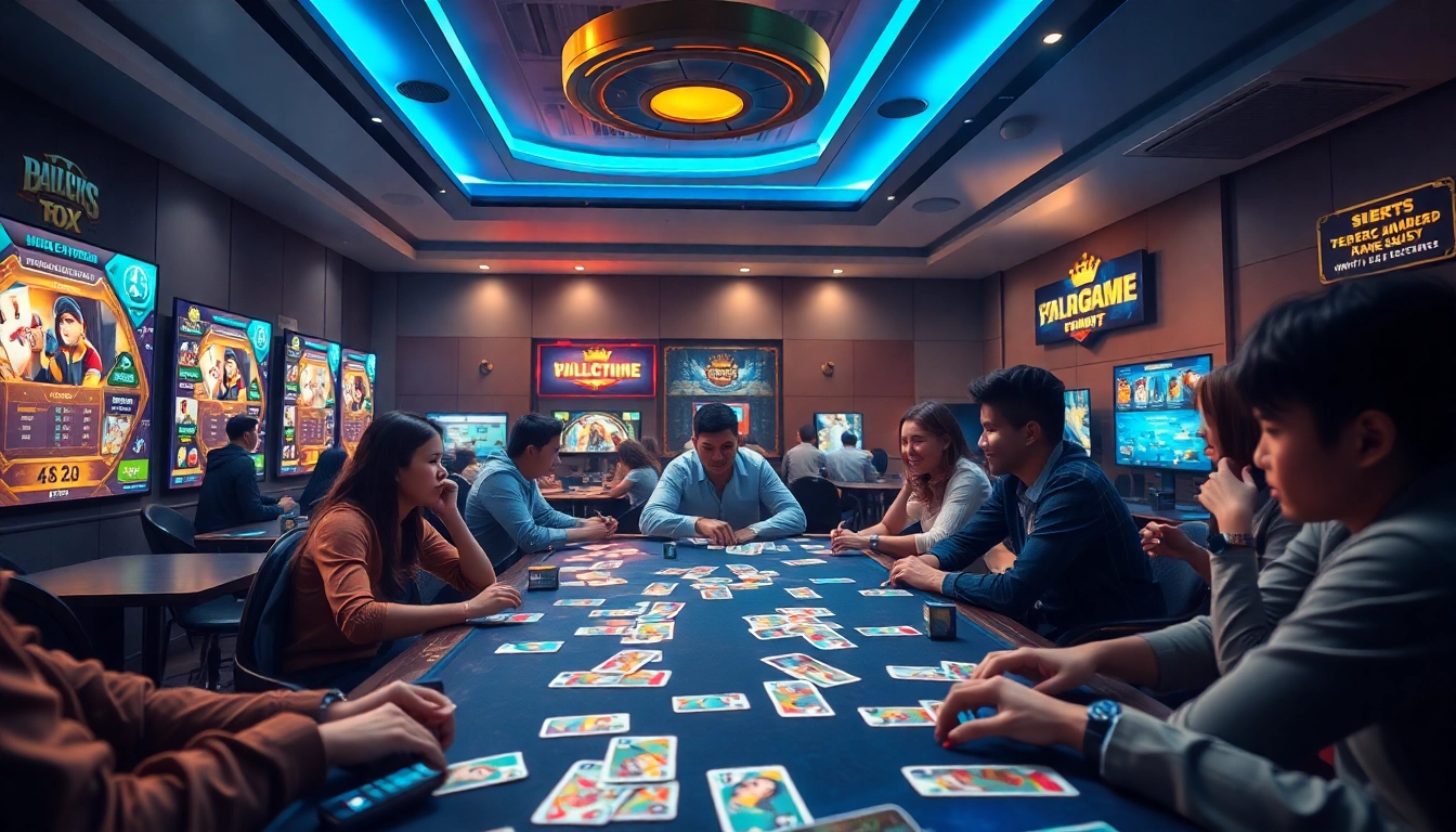 Dynamic gaming scene illustrating players at topgamebaidoithuong.mx engaging in card games, showcasing excitement and camaraderie.