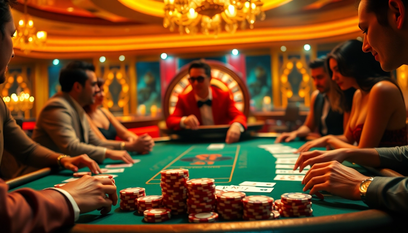 Casual gamblers placing bets at an S8-themed casino table with vibrant colors and poker chips.