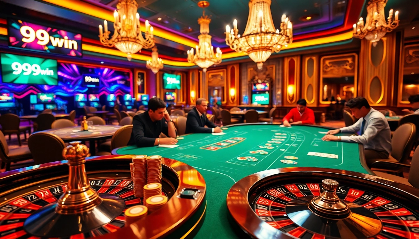 Intense poker action at a 99win casino table, highlighting vibrant chips and cards.