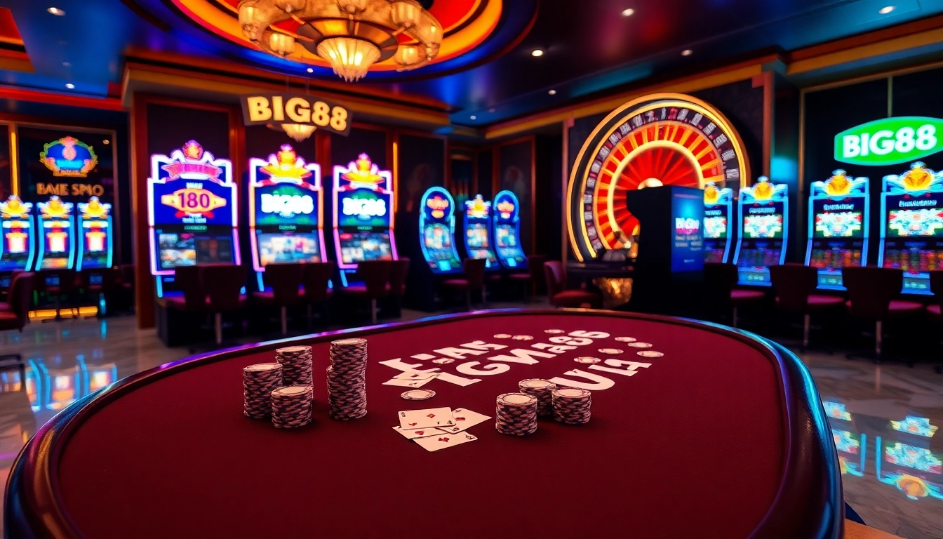 Big88 casino scene with vibrant slot machines and a poker table, depicting excitement and luxury.