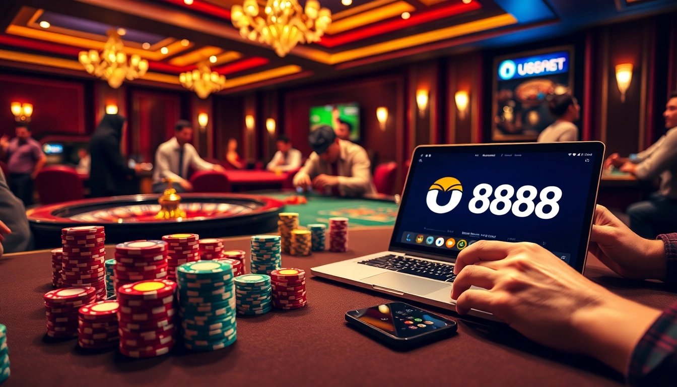 Experience thrilling gameplay at U888’s luxurious gaming table surrounded by colorful poker chips.
