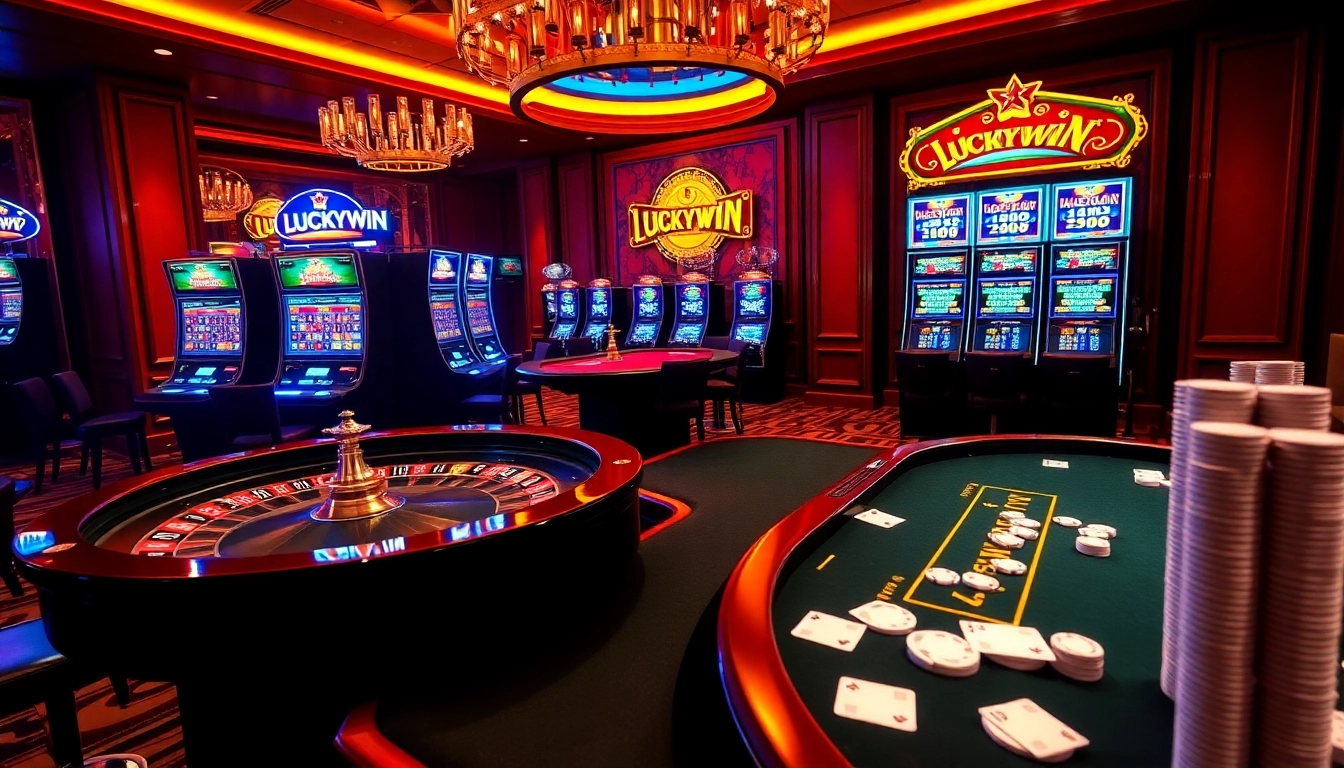 LUCKYWIN casino players engaging with immersive slot machines and vibrant roulette tables.