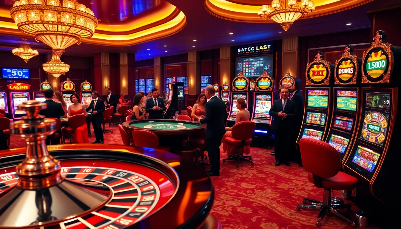 S8.com players celebrating their win at an upscale casino with roulette, slot machines, and poker chips.