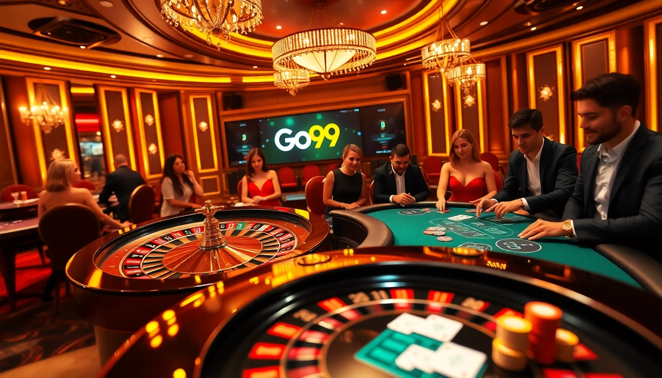 Exciting Go99 casino scene with roulette wheel, poker table, and vibrant players.