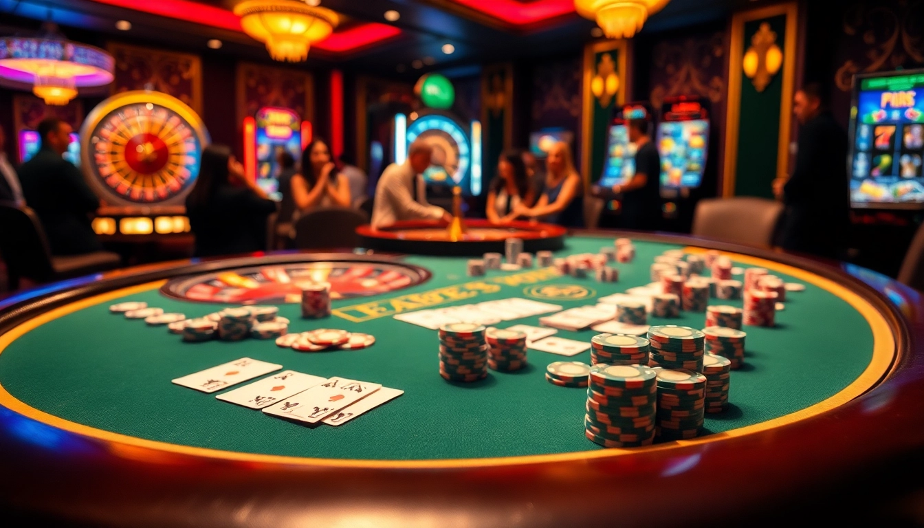 Players enjoying a thrilling poker game at http://fabet0.com/ in a luxurious casino atmosphere.