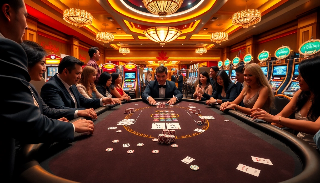 Excited players engage at a GG88 poker table, surrounded by vibrant slot machines and elegant decor.