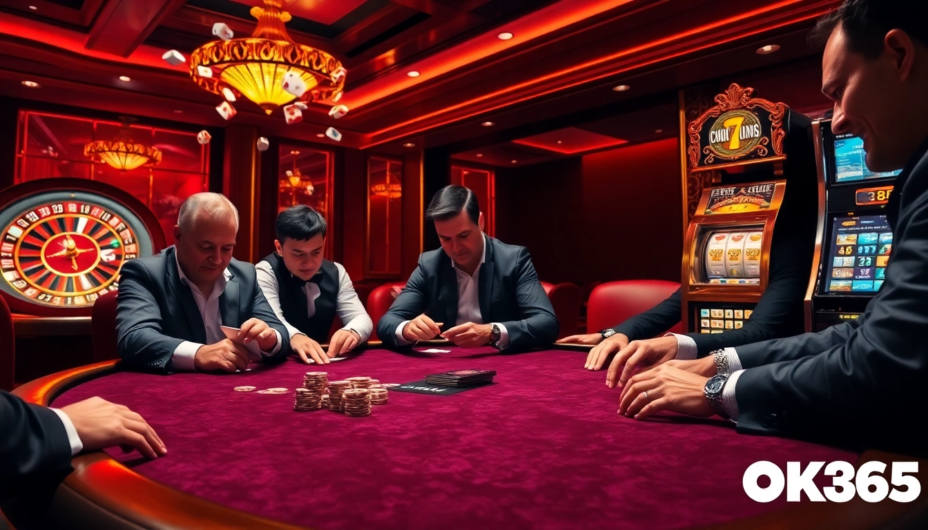 Players engaging enthusiastically at Ok365's luxurious poker table in a vibrant casino.