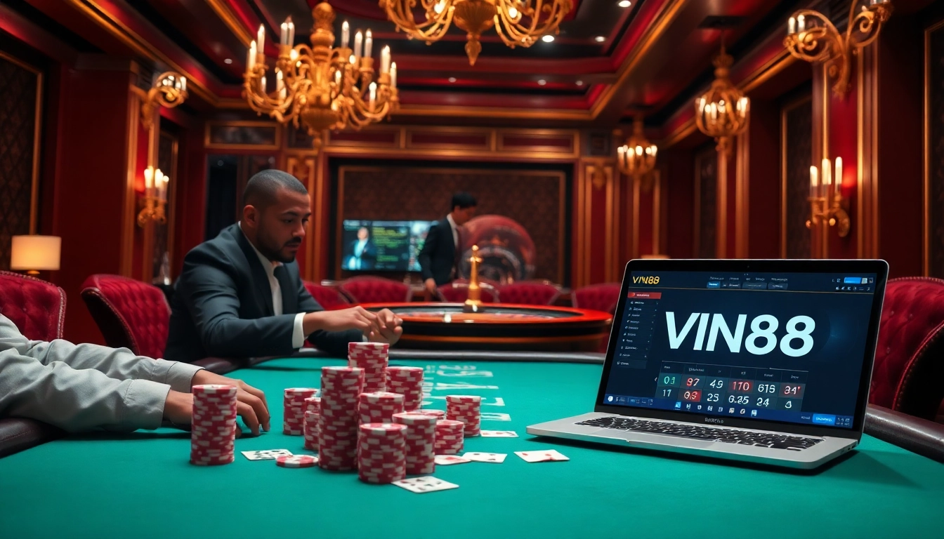 VIN88 poker table scene showcasing luxury gaming with cards, chips, and a roulette wheel.