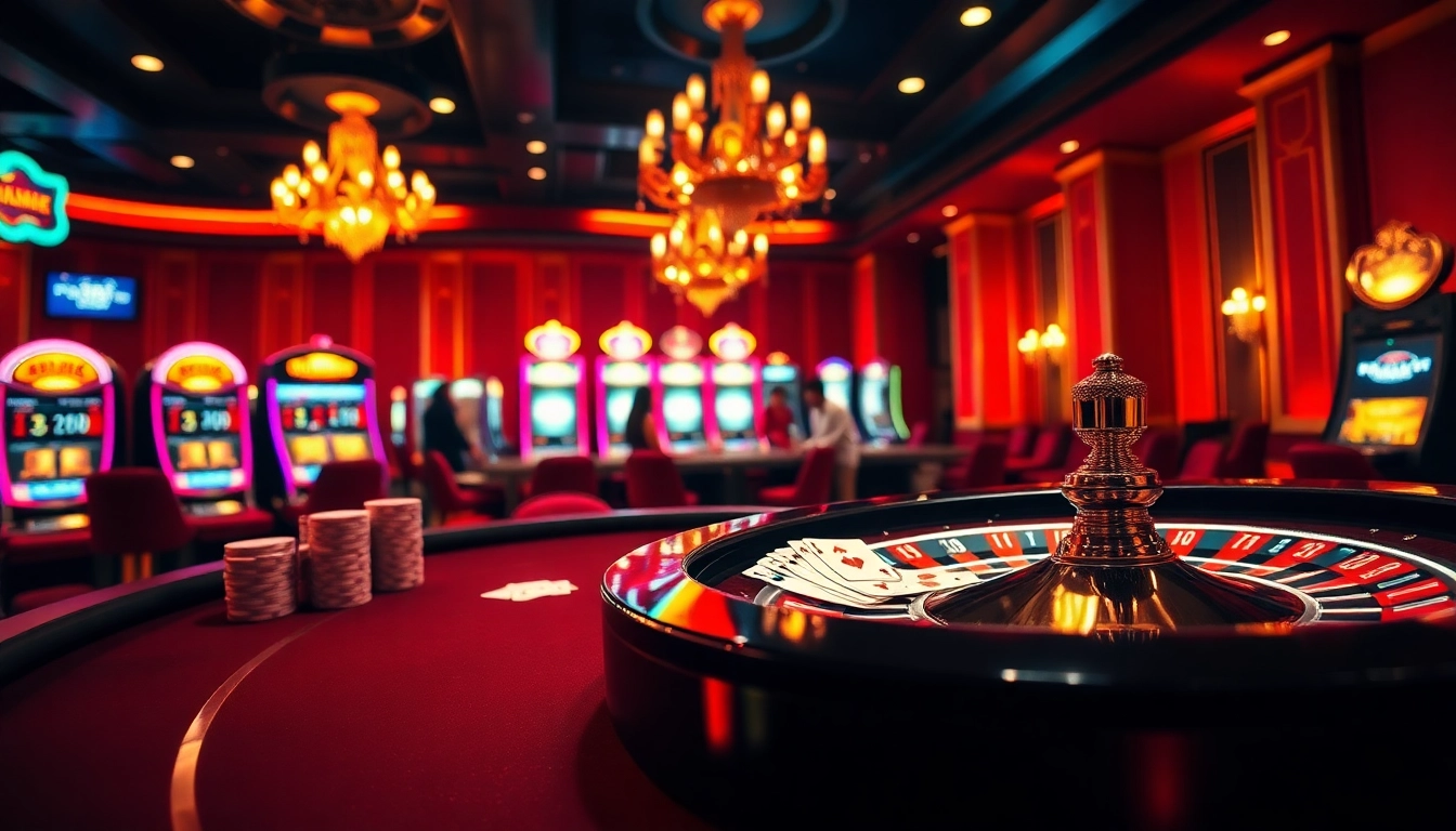 Experience the excitement of gambling at https://mu88.camp/ with a lively casino scene showcasing poker, roulette, and vibrant players.