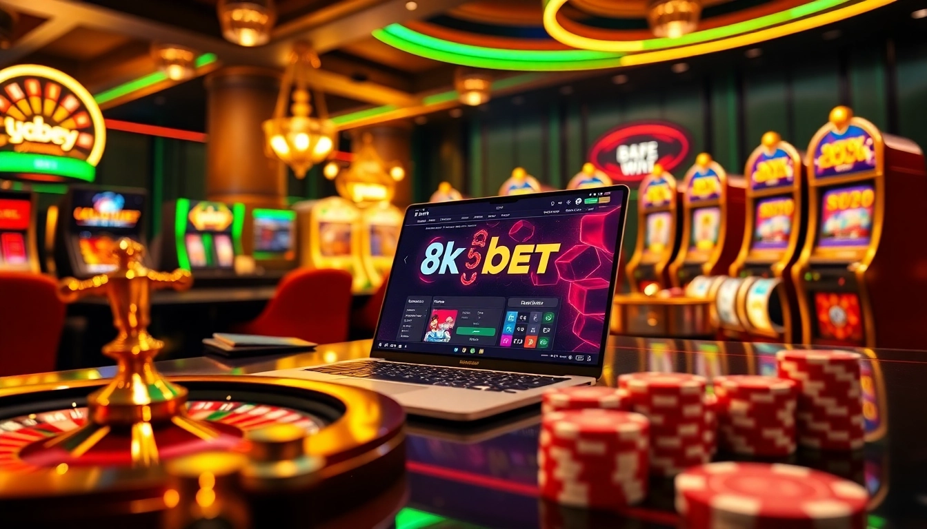 Engaging scene of 8kbet com đăng nhập tài khoản with luxury casino elements, including poker chips and a roulette wheel.