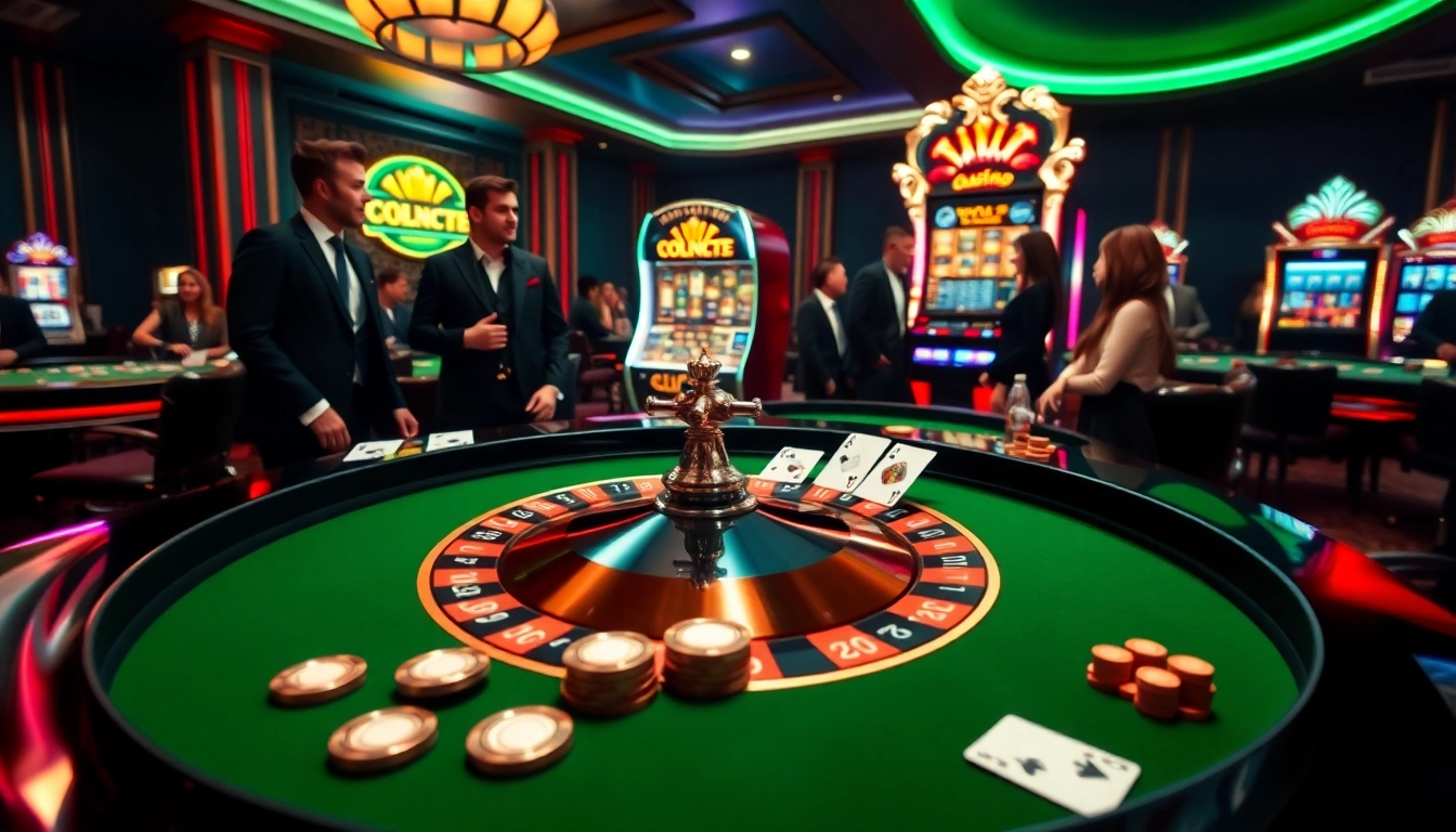Experience an exciting casino atmosphere with lc88 gaming elements, roulette, and vibrant slot machines.