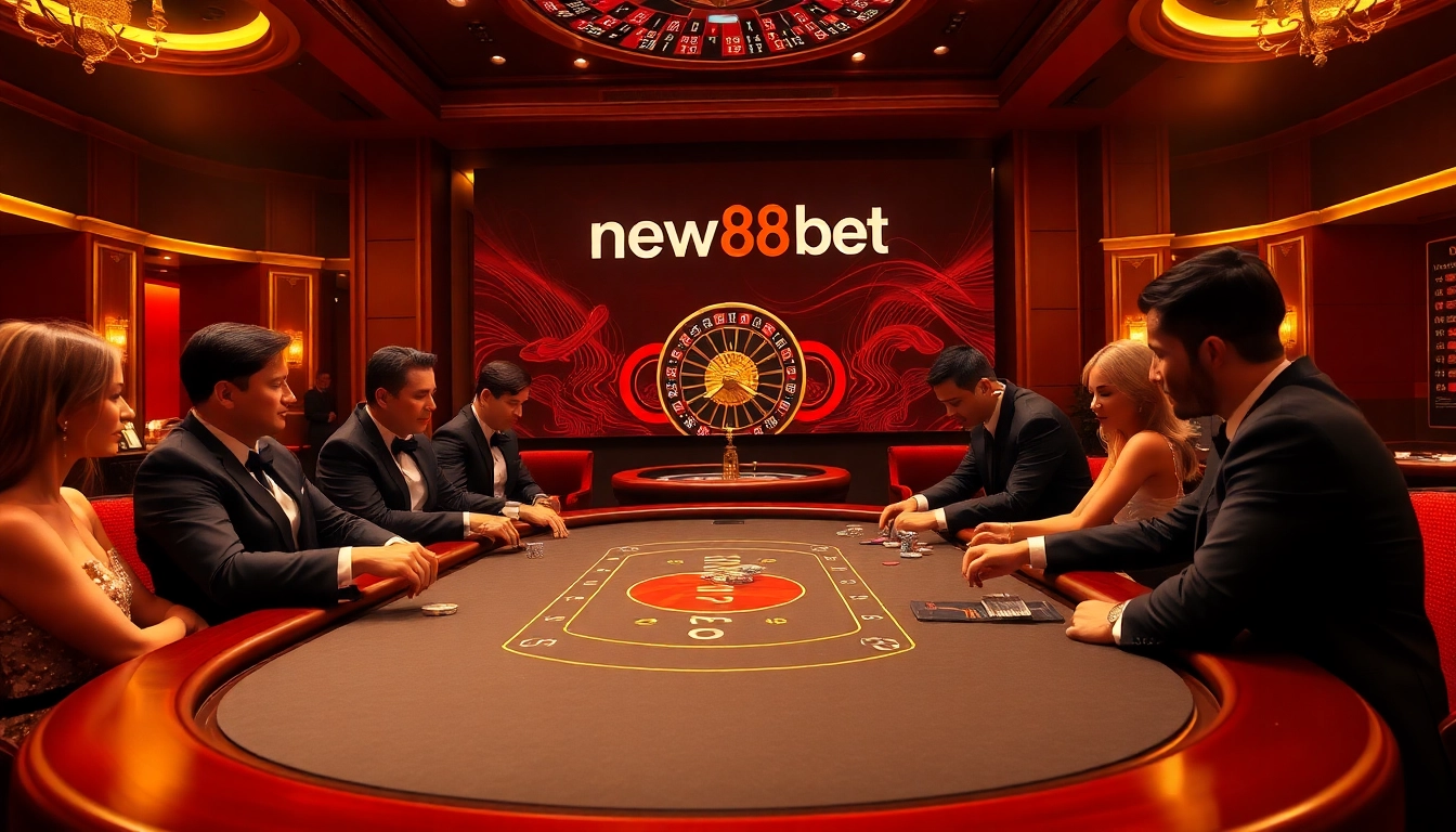 Intense poker game with players and new88bet branding in a luxurious casino setting.