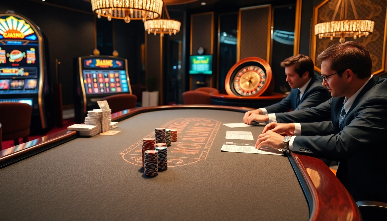 Engaging poker players and a vibrant slot machine display at https://lc88m.com/ showcasing a thrilling casino environment.