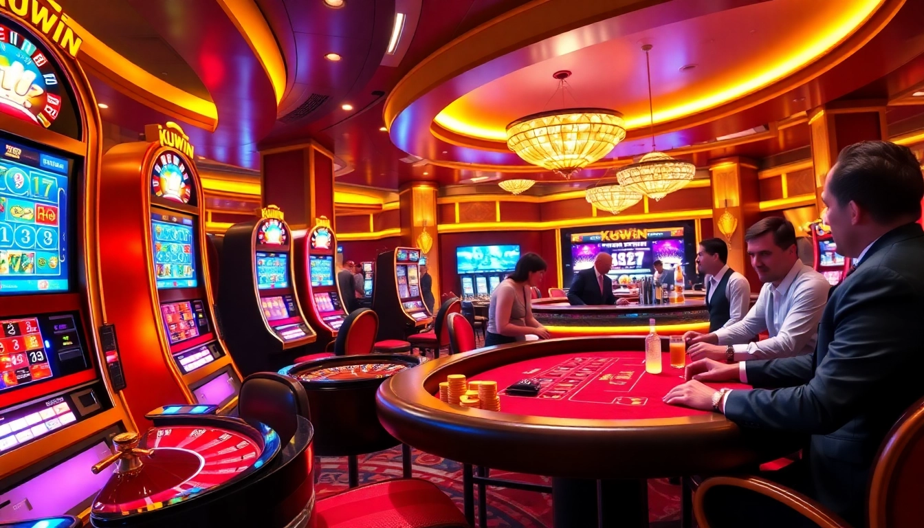 Engage in thrilling gameplay at Kuwin's vibrant casino with slot machines and poker tables.