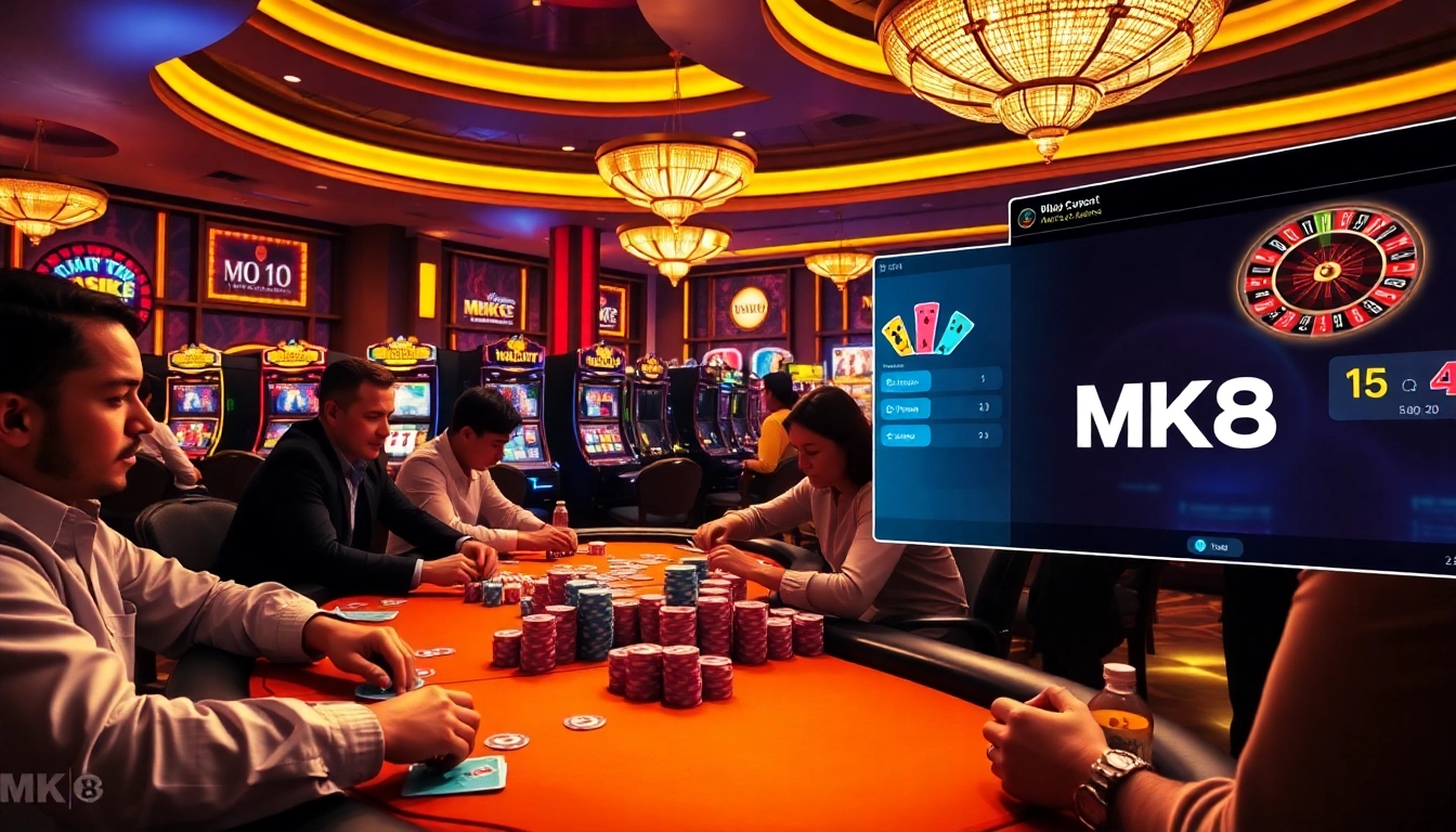 Gambling excitement at MK8 with players engaged at a blackjack table and vibrant slot machines.