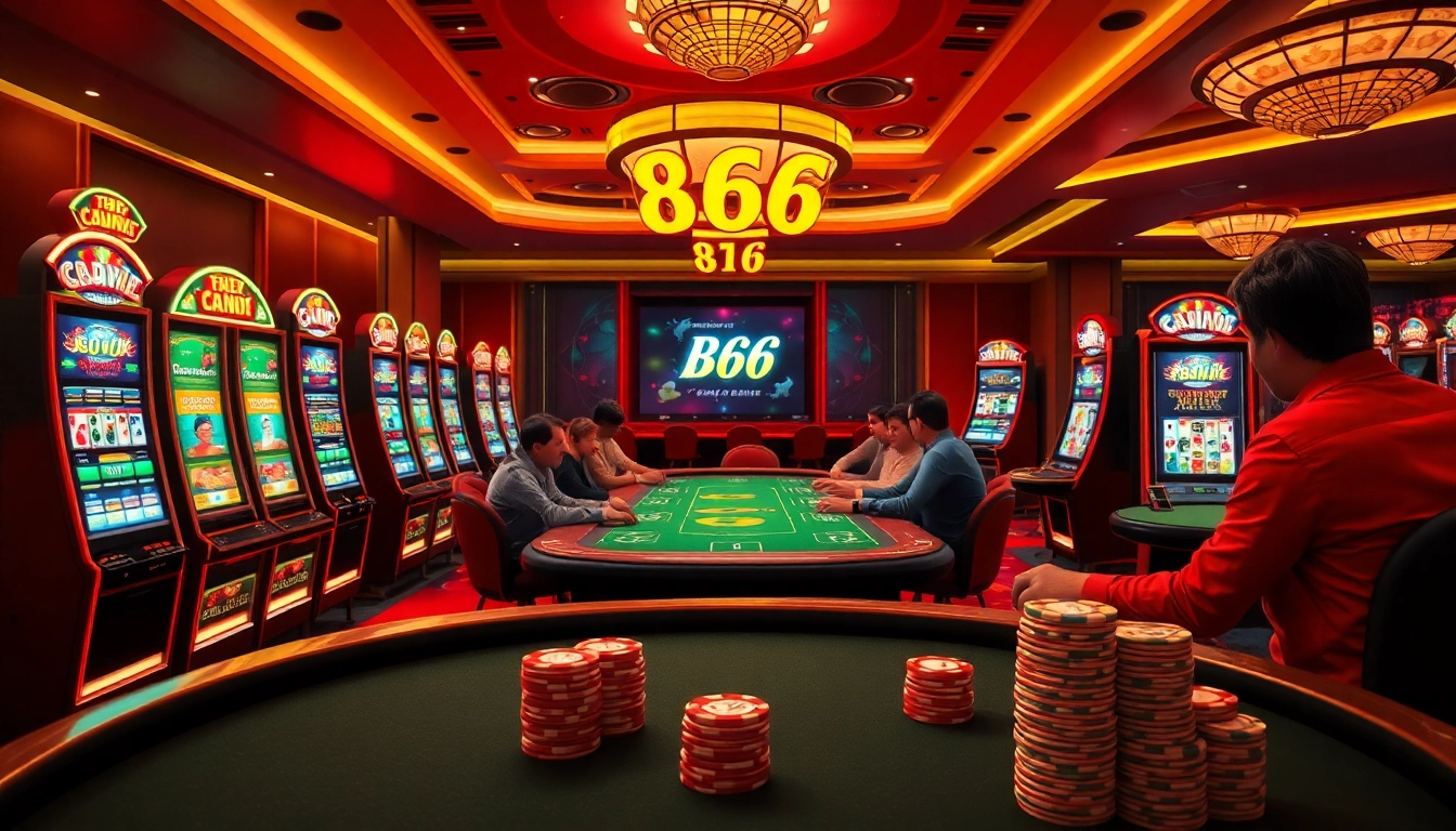 Experience the thrill of Game B66 in a luxurious online casino setting filled with vibrant tables and colorful games.