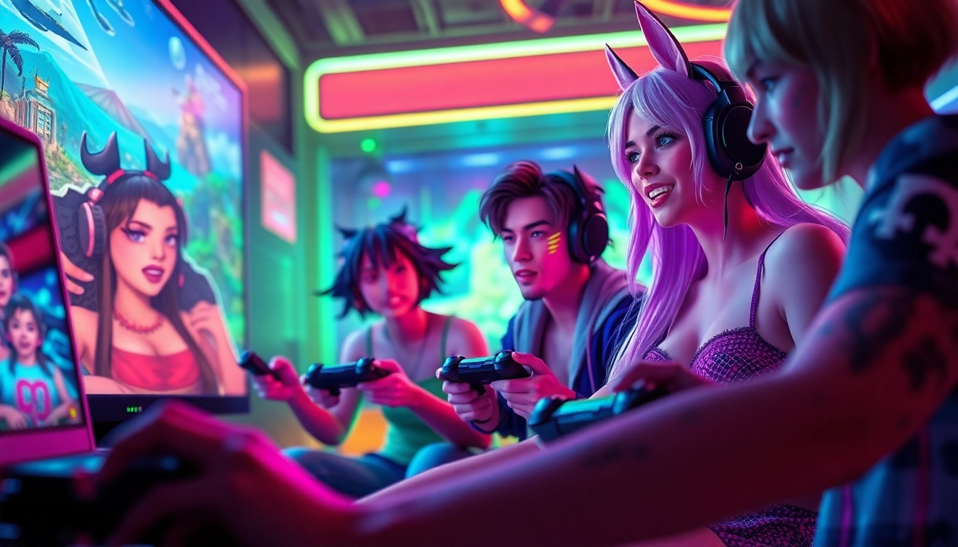 Engaging characters in an interactive XXX game set with vibrant colors and gaming elements.