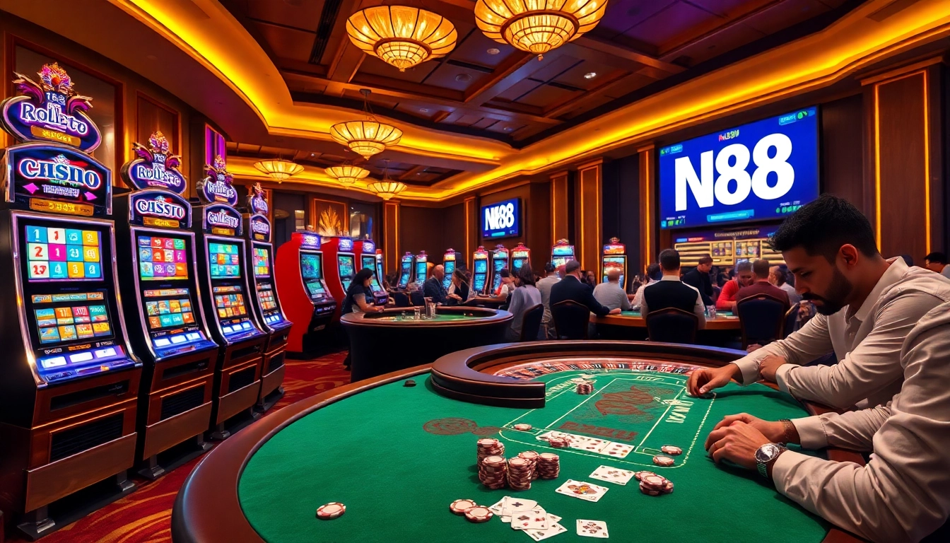Experience the thrill of NK88 at a vibrant casino with slot machines, roulette, and excited players.
