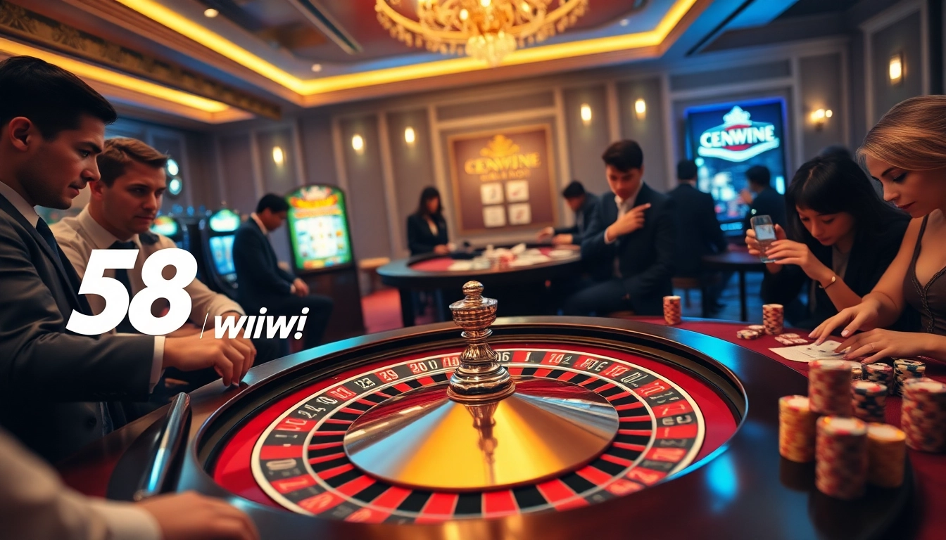 Exciting casino scene with roulette and poker players, highlighting 58win brand.