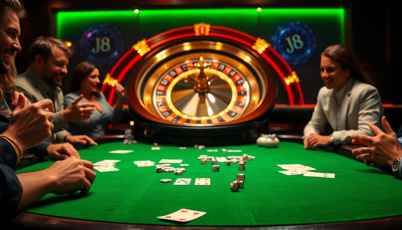 Engaged players at a J8-themed poker table in a luxurious casino setting.