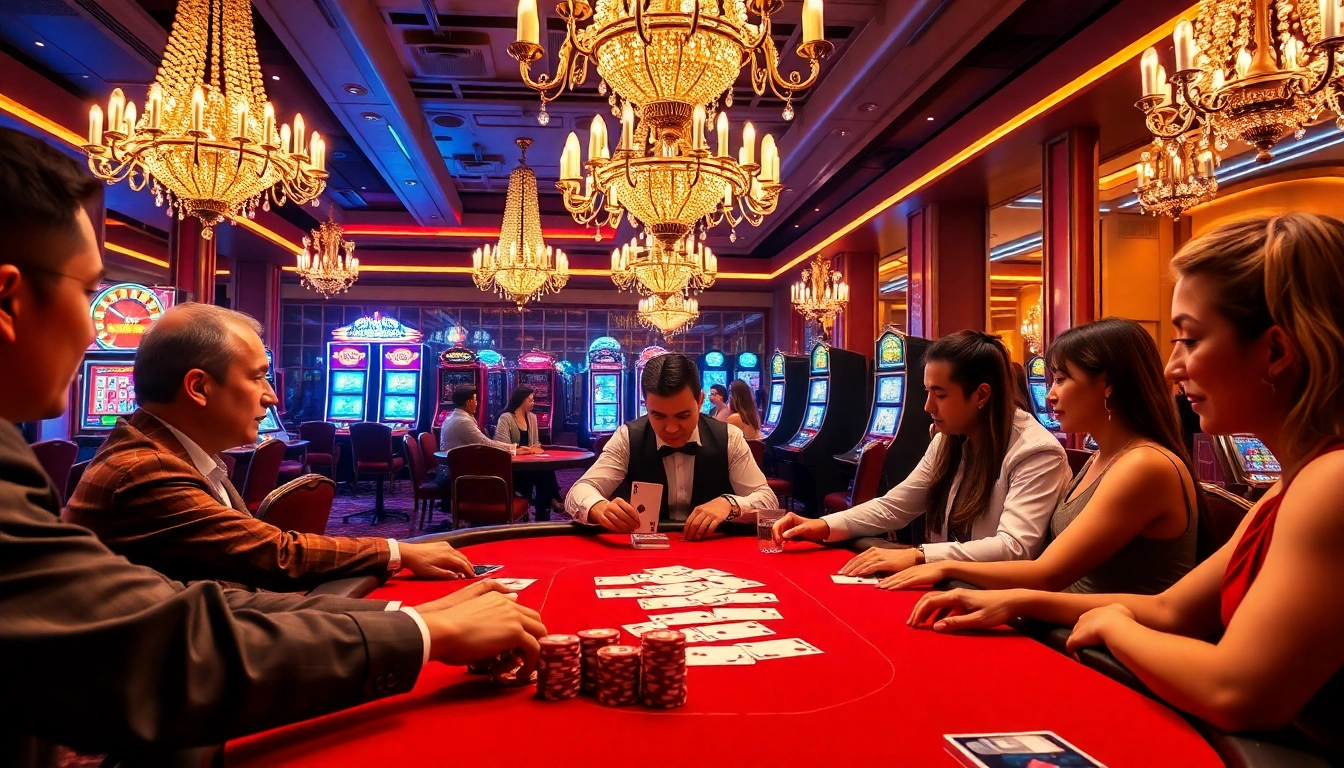High-stakes casino scene showcasing Nhà Cái Uy Tín with poker table, roulette wheel, and players engaging.