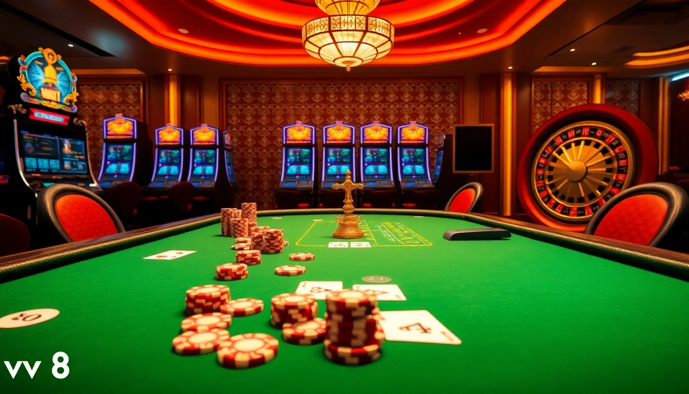 Exciting casino atmosphere with vt88 poker game setup and vibrant slot machines.
