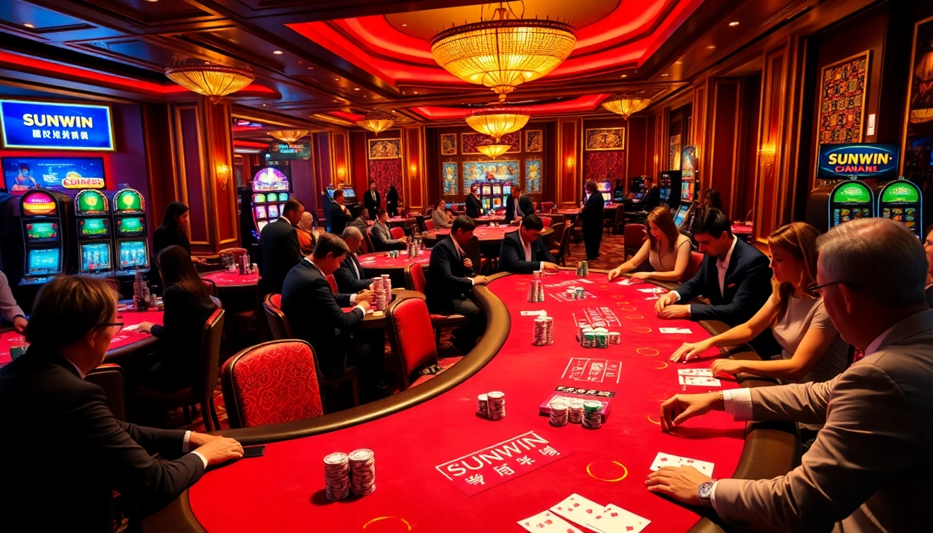 SUNWIN players enjoying an exciting poker game at an elegant casino set up.