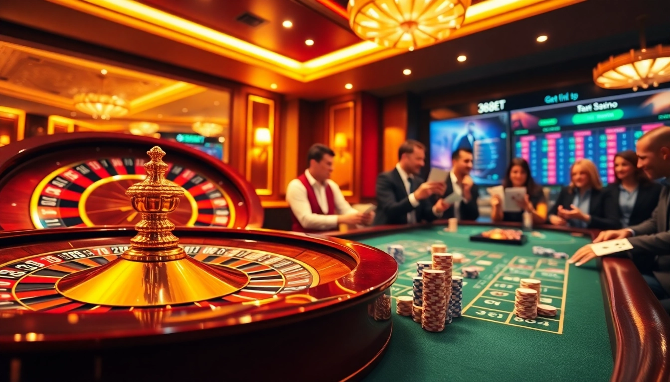 Betting excitement at 388bet's luxurious online casino with roulette and poker tables.