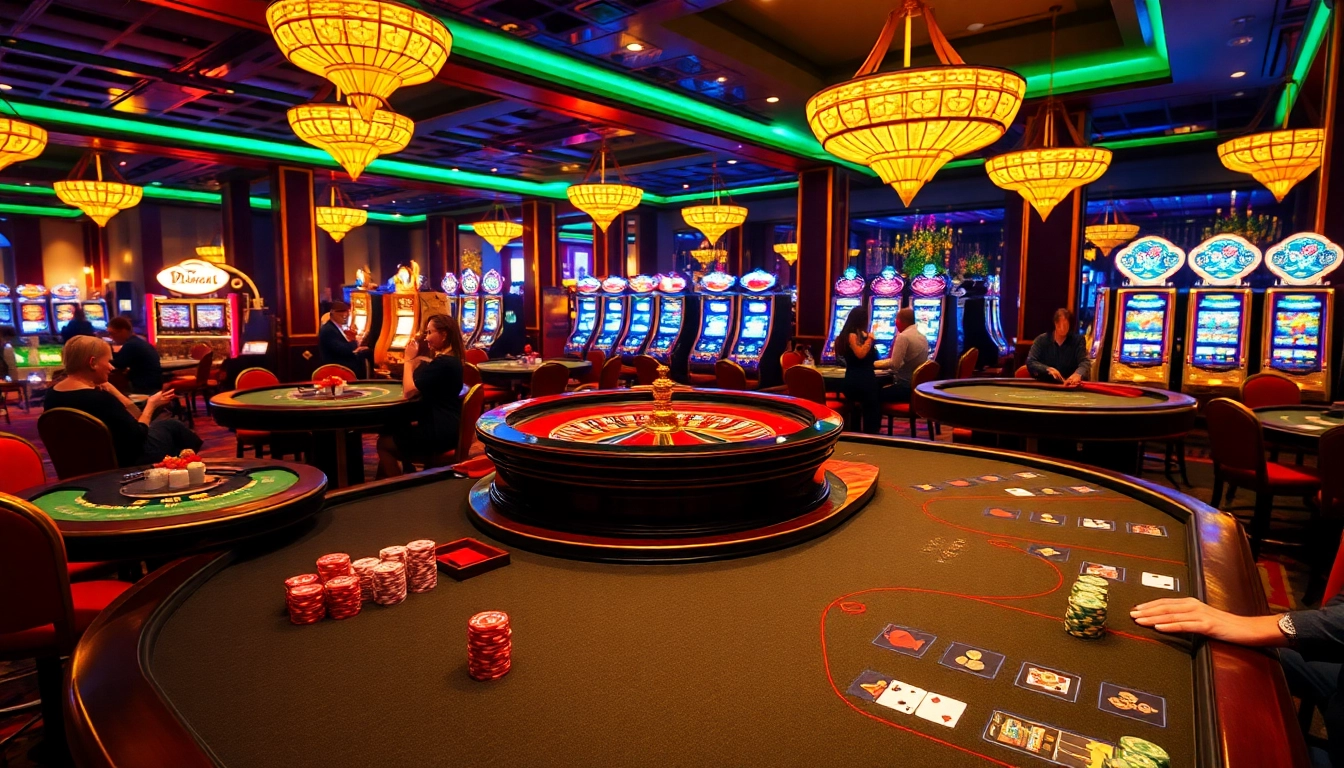 Experience the thrill of DN88 with players at casino tables, vibrant chips, and spinning roulette.
