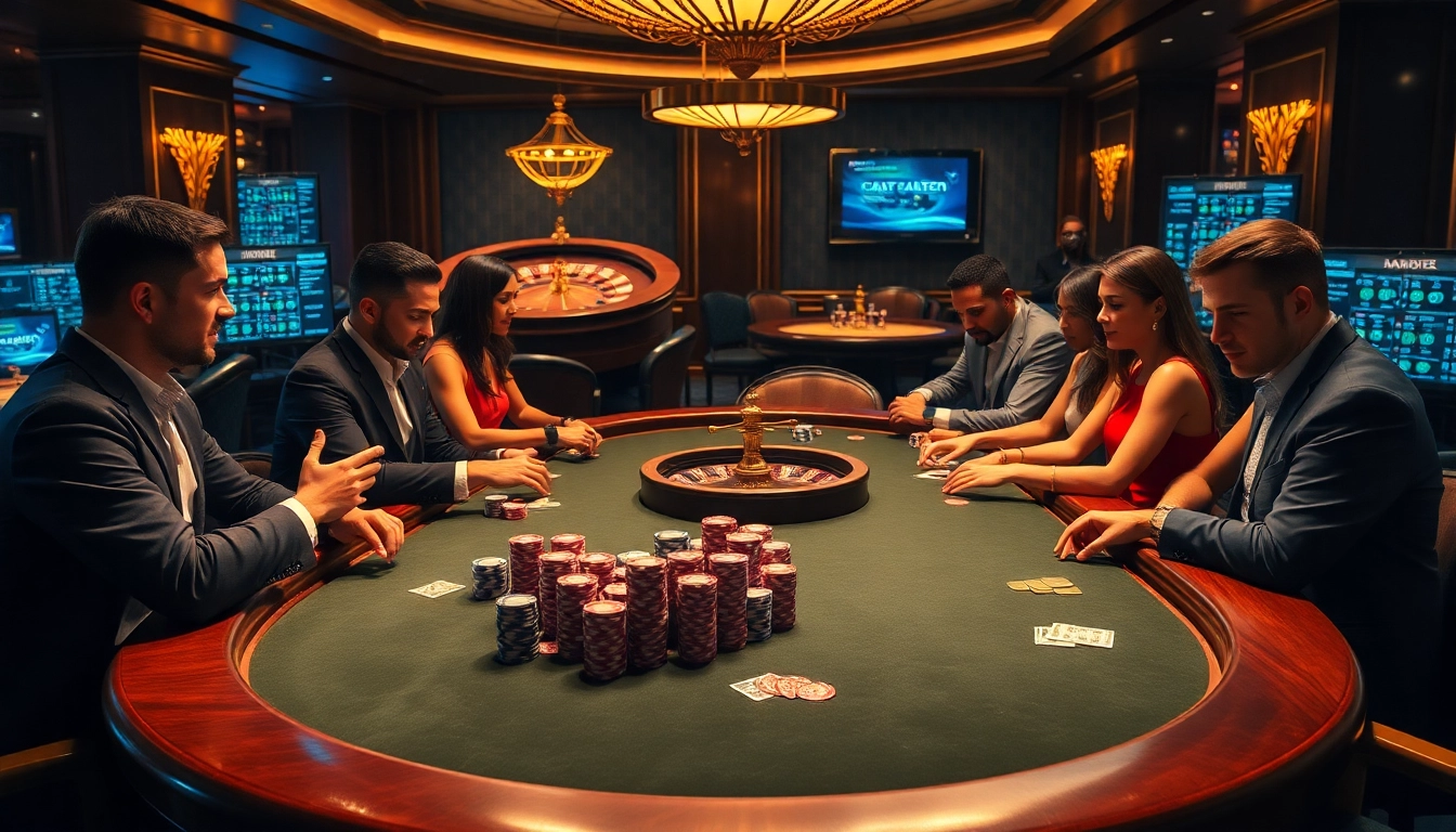 Players strategizing at a poker table, inspired by https://555win1.it.com, showcasing excitement and professional gambling atmosphere.