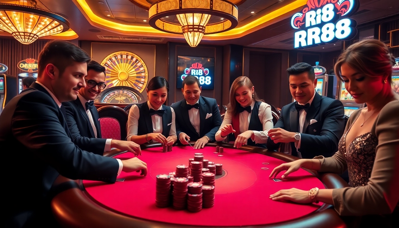 Players engaging at an RR88 casino table, highlighting thrilling chips and card action in a luxurious setting.
