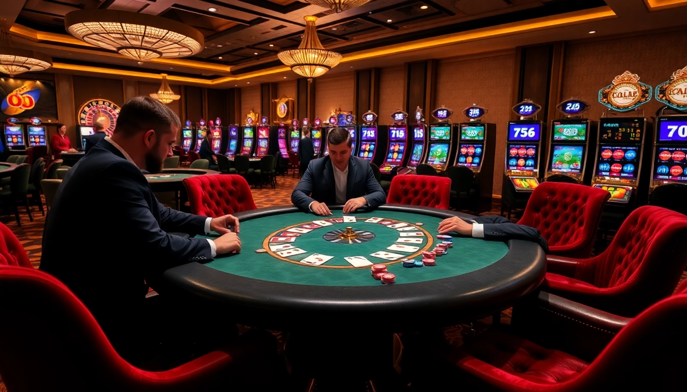 KJC enhances the excitement in a high-stakes poker game surrounded by luxurious casino elements.