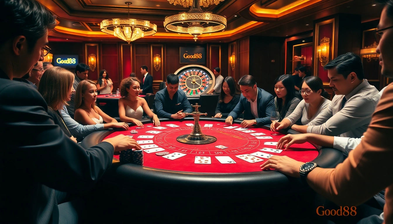 Good88 poker chips stacked on a luxurious table amidst excited players in a stylish casino.