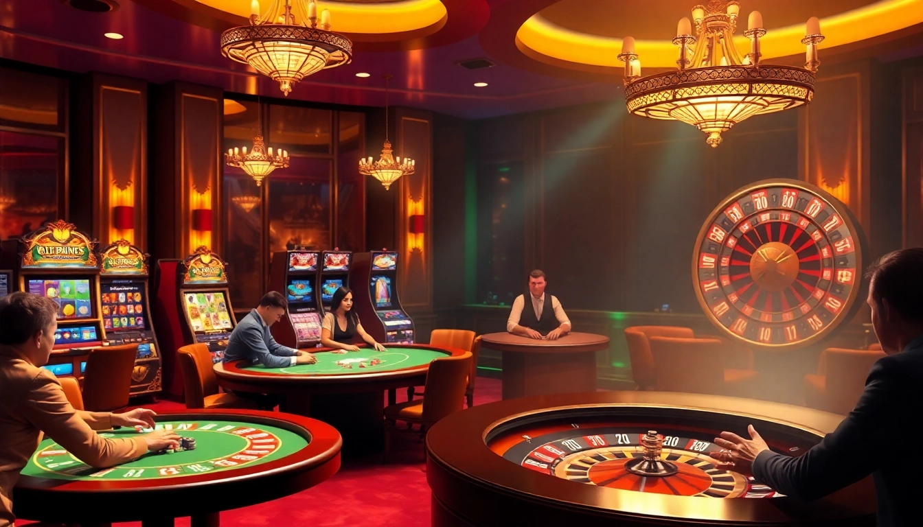 Trải nghiệm trò chơi đầy kịch tính tại https://luck8.net với cảnh casino sống động, thể hiện poker và máy đánh bạc.