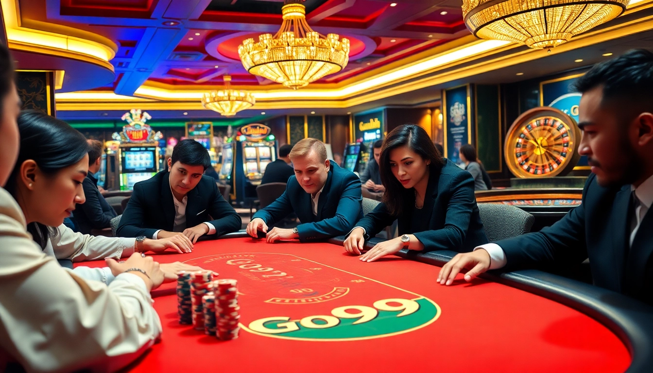 Players enjoy an exciting poker game at a luxurious Go99 casino table, showcasing vibrant chips and a roulette wheel.