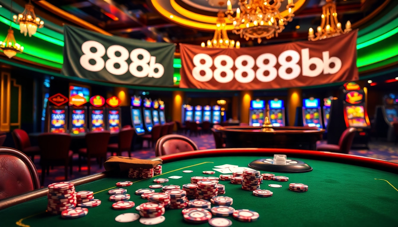 Dynamic casino atmosphere with "888b" branding, featuring a poker table and slot machines.