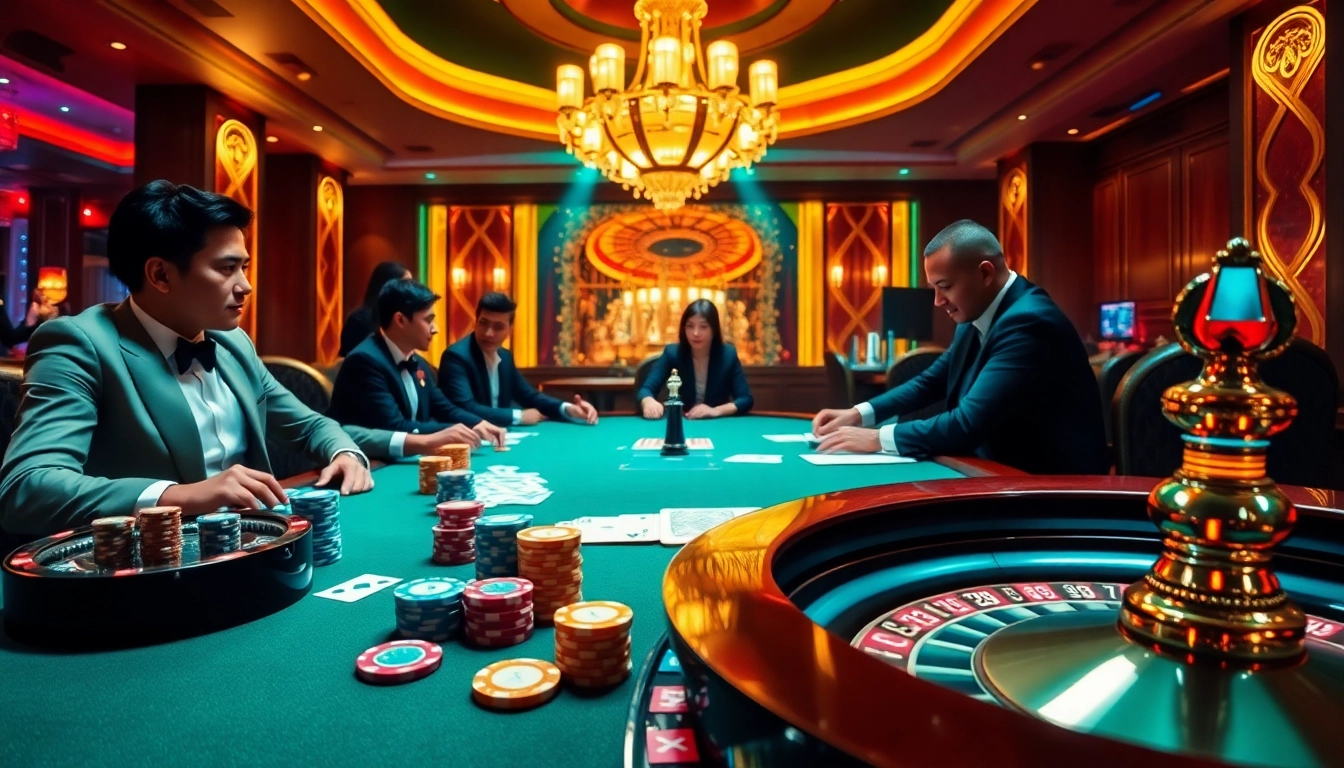 Engaging casino scene portraying the excitement of using the fly88 code at a poker table with colorful chips.